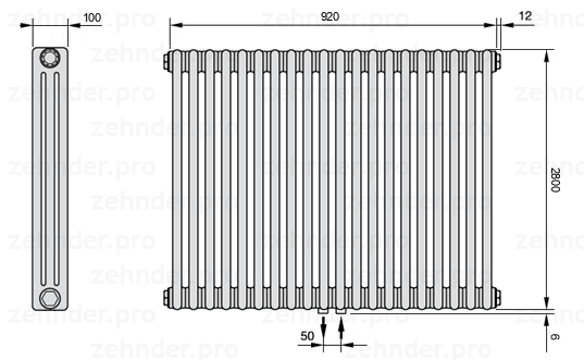 Схема (чертеж) Радиатор Zehnder Charleston 3280/20 №5410 Белый глянцевый RAL 9016